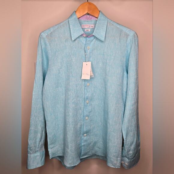 COLORI de Capri Collared Turquoise Button Up Slimfit Longsleeve Linen Small - Picture 1 of 7